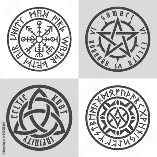 Rune circle. Set of magic symbols in scandinavian style. Mystical vector amulet with futhark runes. Mysterious wheel design. Black ethnic totemic geometric tattoo.