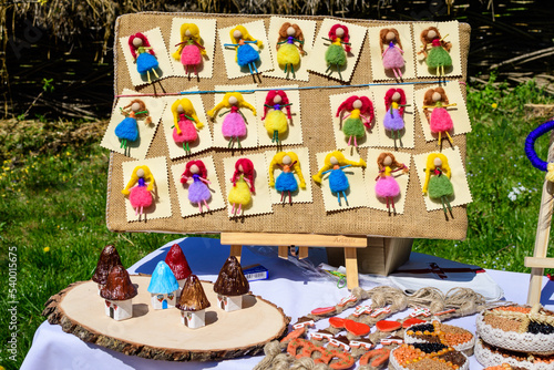 Traditional Romanian hand made decorative products displayed for sale at a hand made festival in Bucharest, Romania.