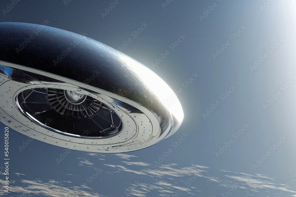 closeup of fantasy metalic ufo alien space ship flying in space
