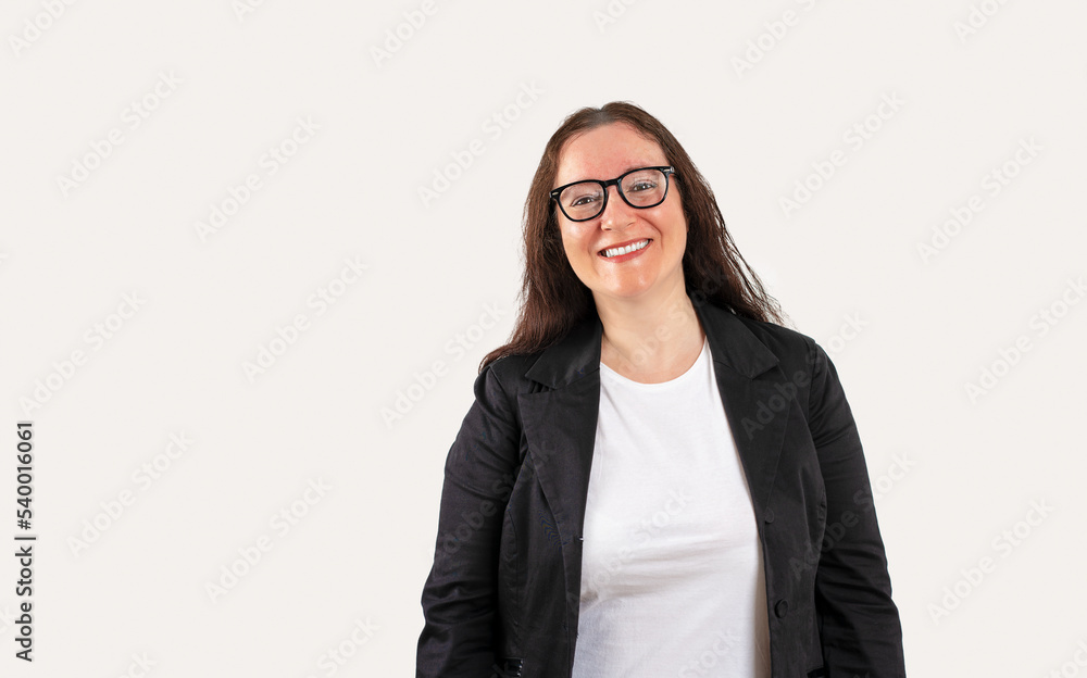 Middle age woman wearing white shirt , black jacket and glasses standing over isolated white background happy face smiling with crossed arms looking at camera. Positive person. Middle age woman wearing white shirt , black jacket and glasses standing over isolated white background happy face smiling with crossed arms looking at camera. Positive person.