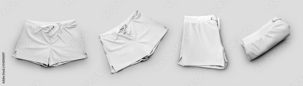 Set of white mockup male swimming trunks, subject close-up with ties, isolated on background.