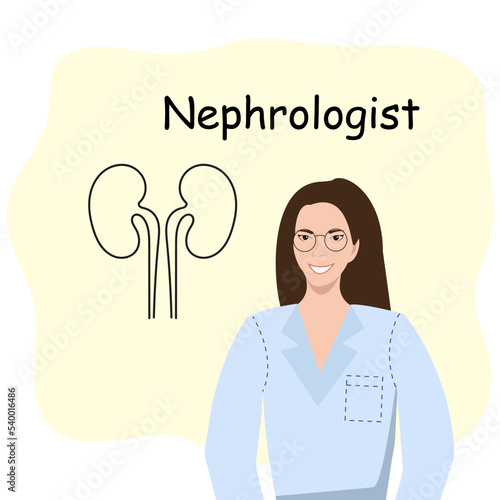 The doctor is a female nephrologist, against the background of a schematic image of the kidneys