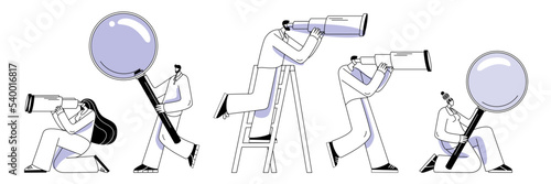 Characters with a telescope and a magnifying glass are looking for something. Vector illustration in a outline style on the topic of searching for information from various sources. photo