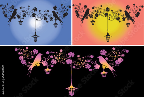, birds with flower, abstract floral background, birds with petromax vintage light ,  photo