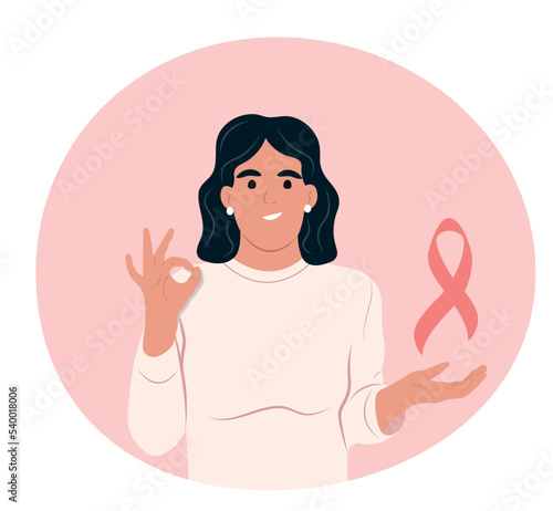 Breast cancer awareness month poster. Happy positive young woman showing gesture. I beat cancer. Flat vector illustration