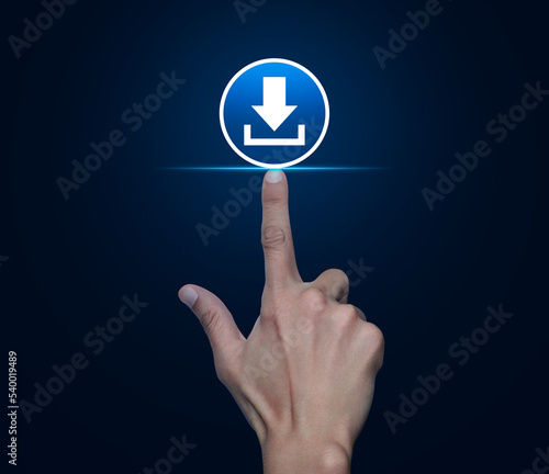 Hand pressing download flat icon over blue background, Technology internet online concept