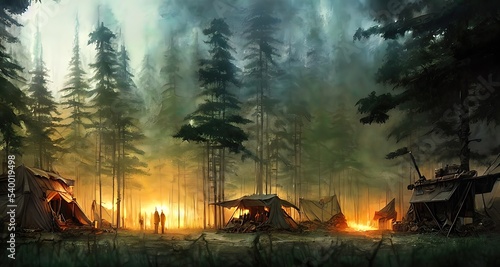 Postapocalyptic military encampment in the forest. Illustration. © Korney