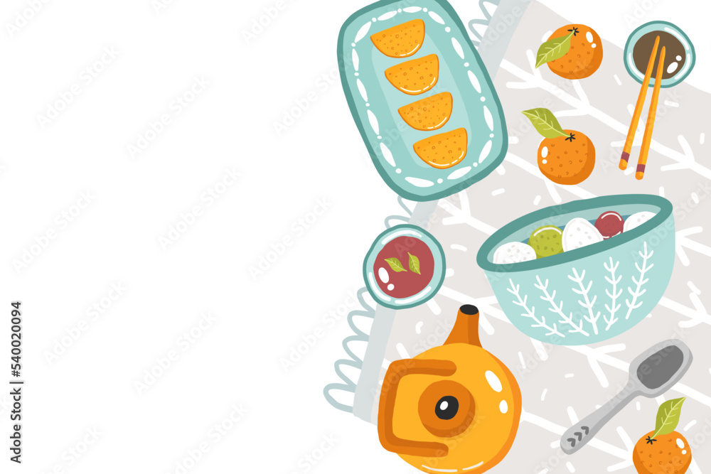 Fototapeta premium Illustration vector flat cartoon of food on Dongzhi Festival menu on dinner table setting as feast concept. Family celebrating at home and eating together. Table top view, flat lay