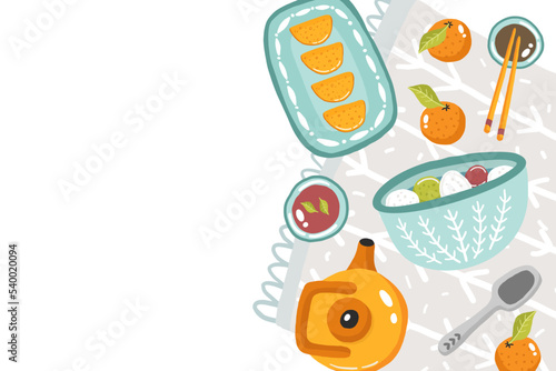 Illustration vector flat cartoon of food on Dongzhi Festival menu on dinner table setting as feast concept. Family celebrating at home and eating together. Table top view, flat lay