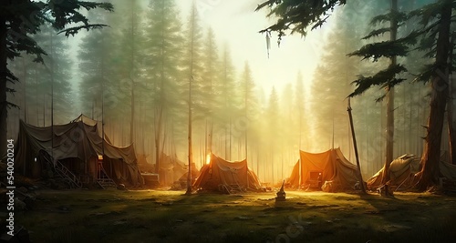 Postapocalyptic military encampment in the forest. Illustration.