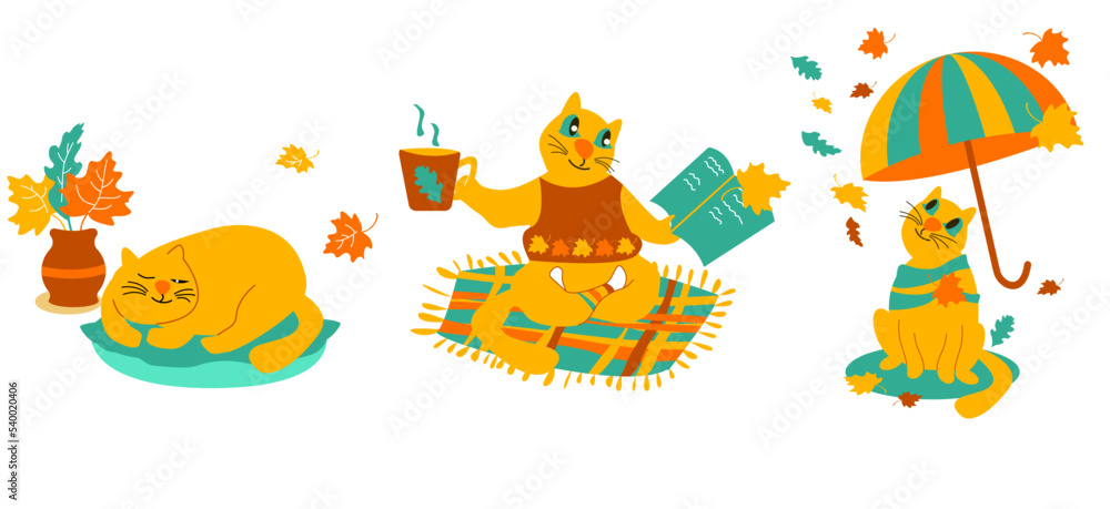 Autumn cute cartoon illustration with a cat and leaves