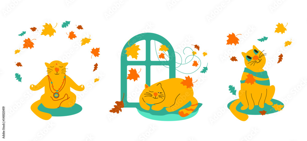 Naklejka premium Autumn cute cartoon illustration with a cat and leaves