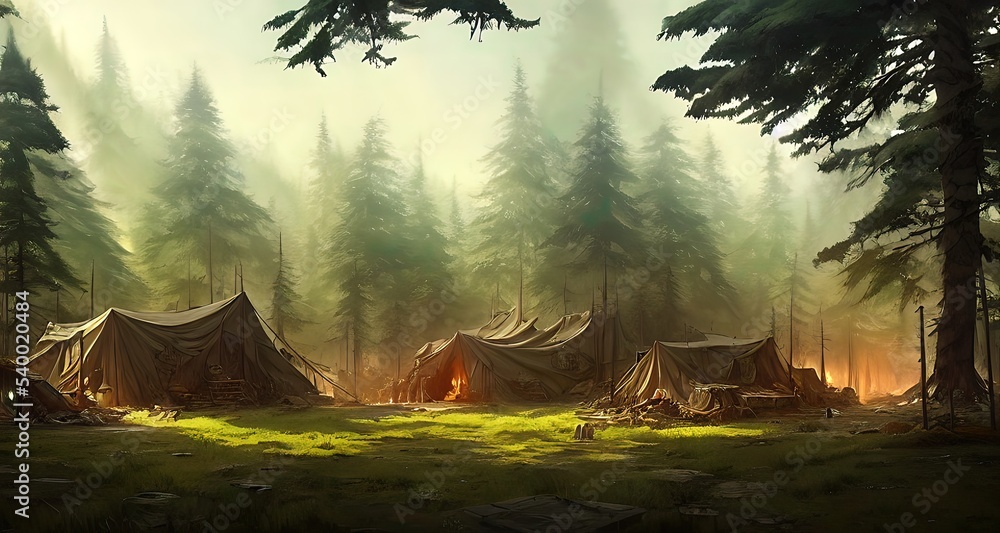 Postapocalyptic military encampment in the forest. Illustration. - obrazy, fototapety, plakaty 