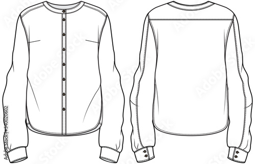 womens long sleeve band collar shirt blouse flat sketch vector illustration. ladies formal wear shirt blouse front and back view technical cad drawing template.