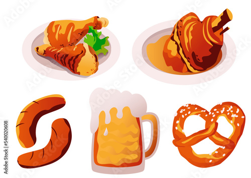 Traditional Bavarian cuisine.Pork knuckle, beer, sausages, pretzel and chicken legs.Vector illustration for Oktoberfest.