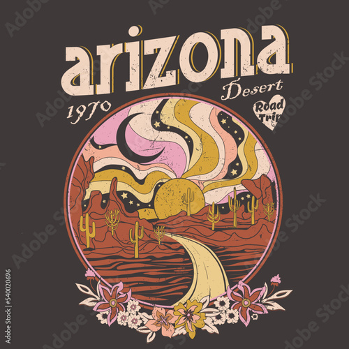 Desert Dreaming Arizona, feel the sunset, Arizona desert state graphic print artwork for apparel, t shirt, sticker, poster, wallpaper and others.