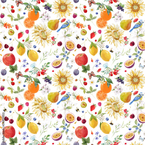 Beautiful vector autotraced seamless summer pattern with watercolor flowers and lemon pear orange mango fruits. Stock illustration.