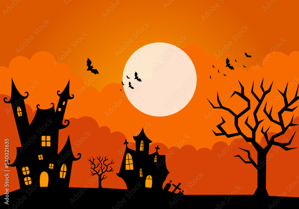 Halloween Background with 1 Castle and 1 old house, Bats flying, Witch witch house. Orange Halloween Background