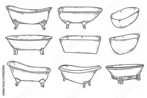 Hand-drawn bathtub, different angles and styles. Simple doodle sketch style. Vector illustration.