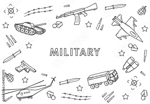 Military doodle icons. Vector illustration of a set of military equipment, army items.