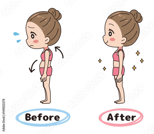 Before-after illustration set of a woman whose posture has been corrected.