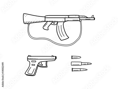 Automatic and gun with bullets and shells, firearms icon vector. Military weapons isolate on white.