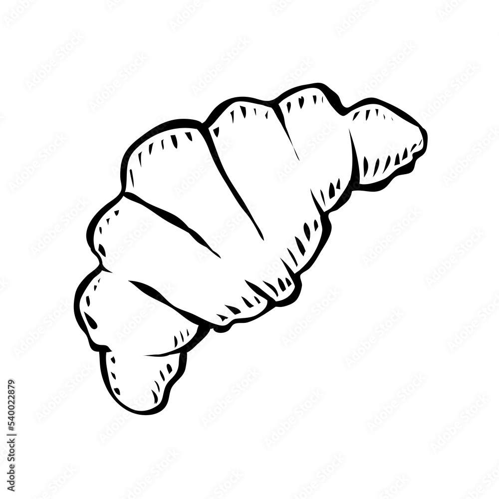 Line drawing of a French croissant. Morning breakfast. Bakery and cafe design. Vector black and white illustration. Hand drawn sketch Line drawing of a French croissant. Morning breakfast. Bakery and cafe design. Vector black and white illustration. Hand drawn sketch