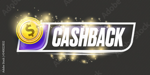 vector money cash back horizontal banner design template with cash back icon and coins isolated on modern grey background. 3d cashback bonus or money refund label horizontal banner