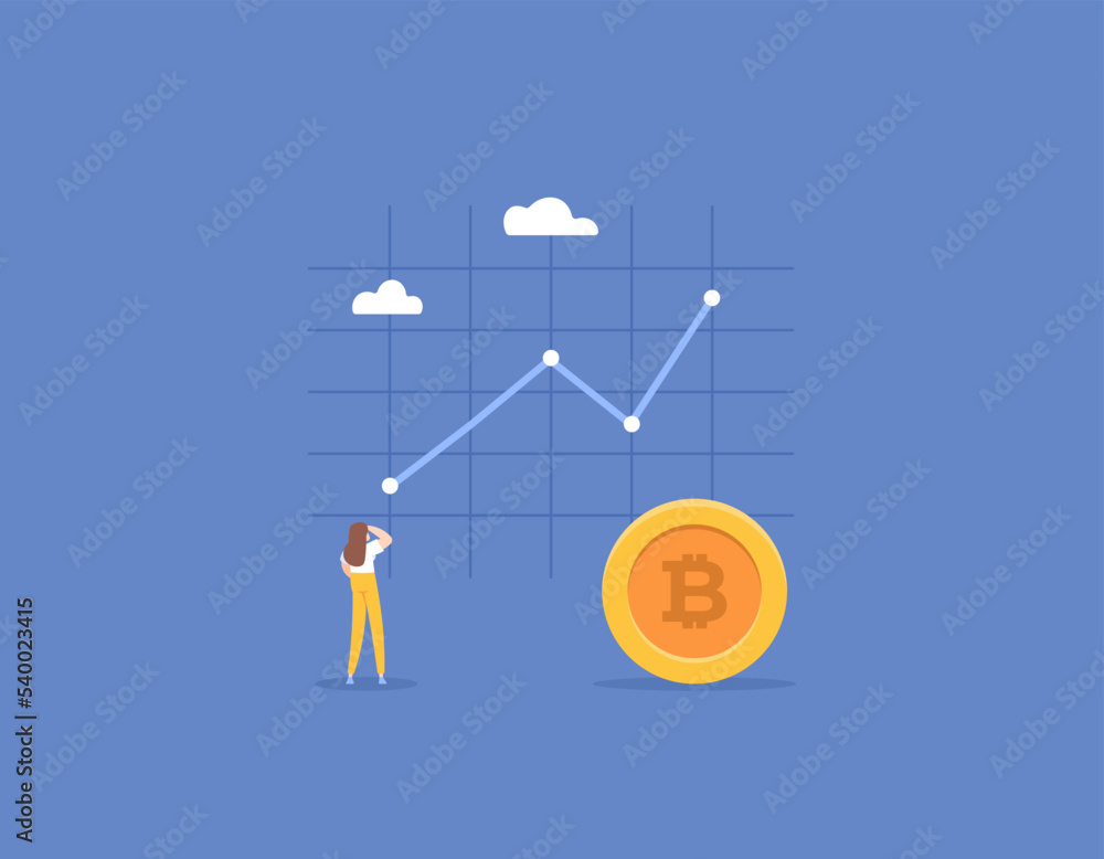 the value of cryptocurrencies back up or up after a crash or collapse. bitcoin price increases or bounces up. woman analyzes market price. a bitcoin investor or trader. illustration concept design