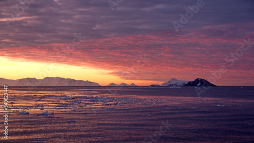 Colorful sunset over mountains and a field of floating icebergs at Cierva Cove  Antarctica