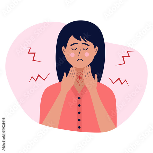 Sad woman suffering from sore throat, holding her hands on her neck. Symptoms of a viral disease, infection, flu, angina, pharyngitis, tonsillitis. Sick female character.