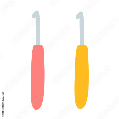 Crochet hook in cartoon style. Hand drawn vector illustration of knitting supplies, hobby items, leisure time