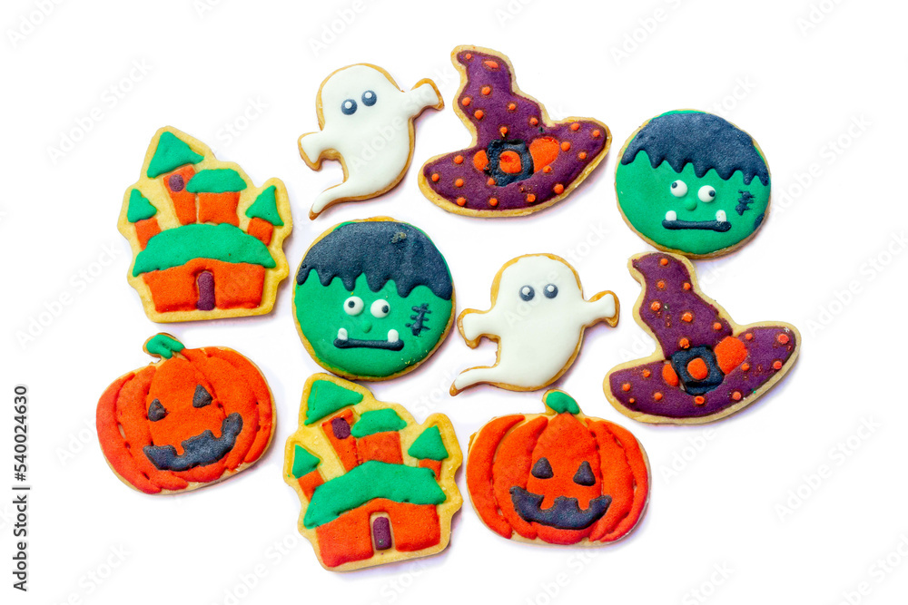 Halloween royal icing cookies or sugar cookies isolated on white background