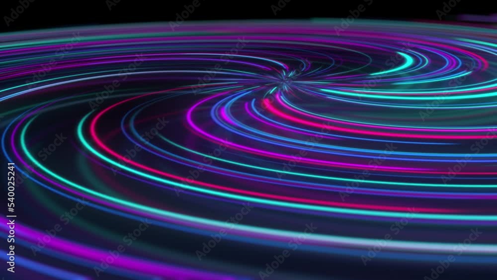 Abstract neon spiral with reflection. Bright and colorful curved light paths in different colors. Glowing hypnotic lines, virtual reality, speed of light, spatial and temporal strings
