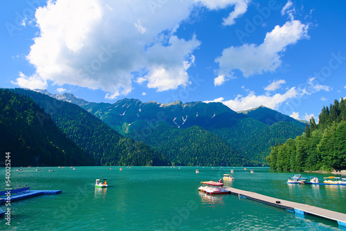 Lake Ritsa, Abkhazia. Beautiful mountain and lake water natural landscape.