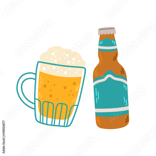 Beer mug and beer bottle vector set clipart