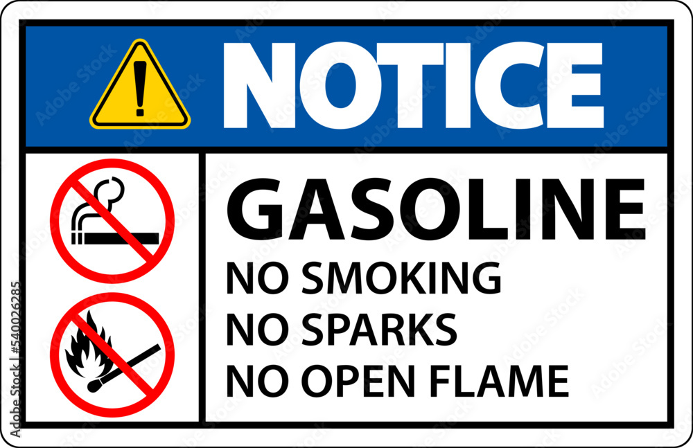 Notice Gasoline No Smoking Sparks Or Open Flames Sign Notice Gasoline No Smoking Sparks Or Open Flames Sign