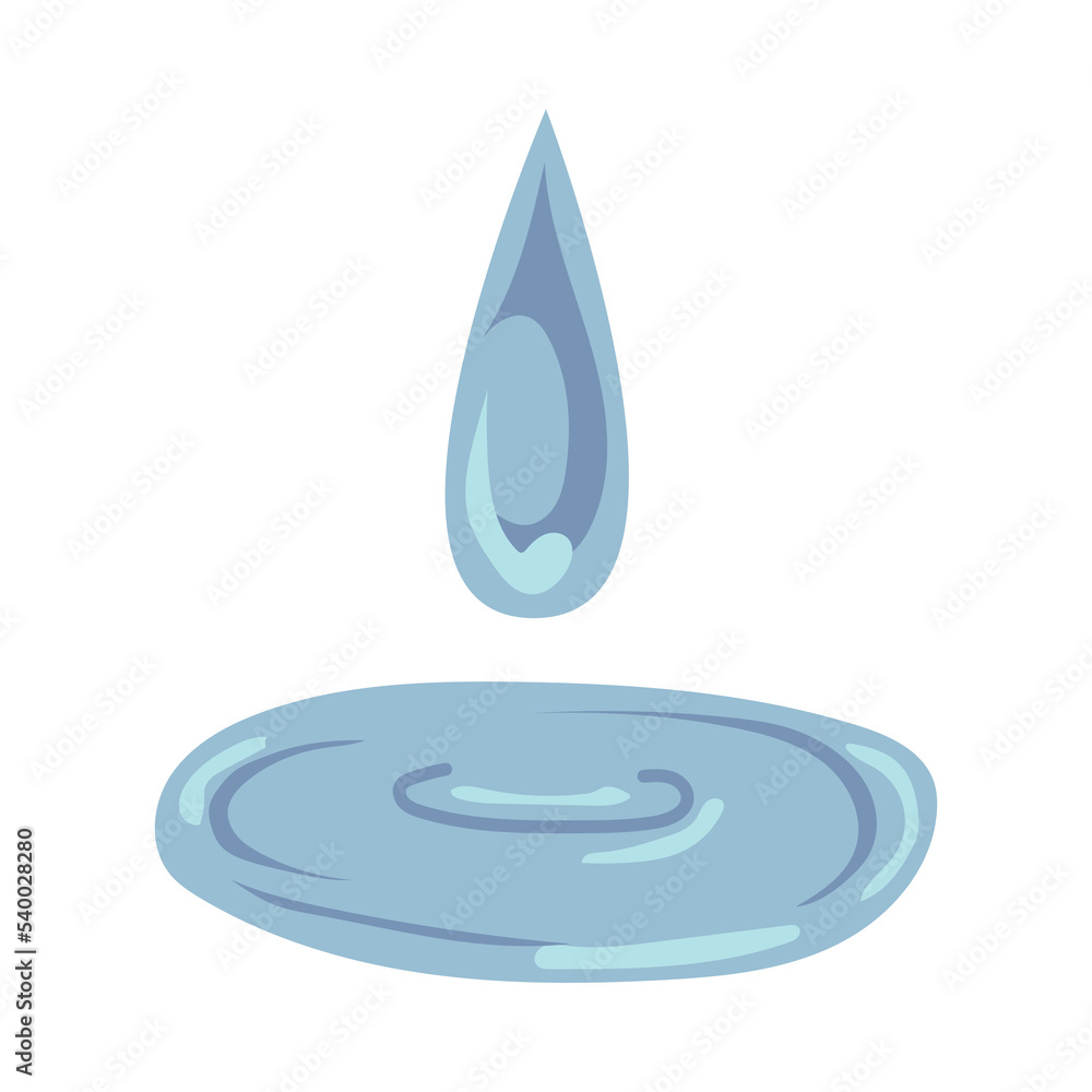 Drop of blue water falling into puddle flat vector illustration. Simple droplet of sweat, rain or tear from crying isolated on white background. Emotions, nature concept for graphic design Drop of blue water falling into puddle flat vector illustration. Simple droplet of sweat, rain or tear from crying isolated on white background. Emotions, nature concept for graphic design