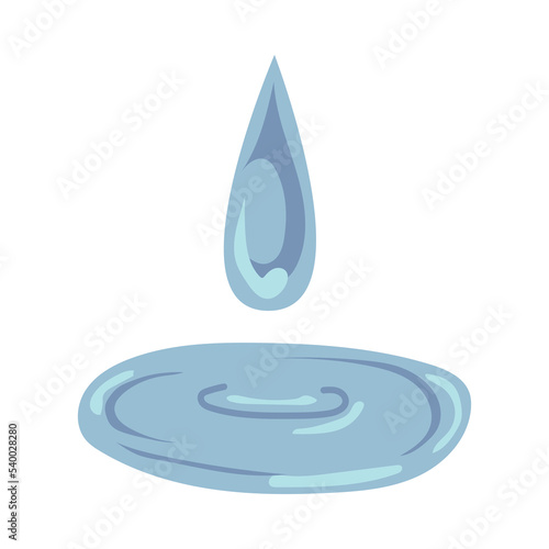 Drop of blue water falling into puddle flat vector illustration. Simple droplet of sweat, rain or tear from crying isolated on white background. Emotions, nature concept for graphic design