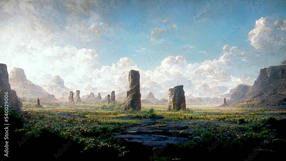 Obraz premium Landscape, ruins, ancient, stone monument, fantasy, reincarnation, digital illustration