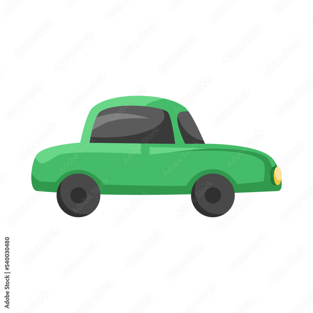 Green car toy for kids vector illustration. Cute plastic toy for children, nursery element isolated on white background. Childhood, entertainment concept Green car toy for kids vector illustration. Cute plastic toy for children, nursery element isolated on white background. Childhood, entertainment concept