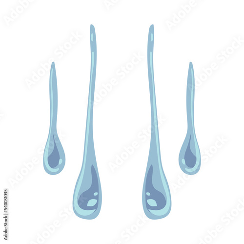Blue dripping or falling drops of water flat vector illustration. Simple droplets of sweat, rain or tears from crying isolated on white background. Emotions, nature concept for graphic design