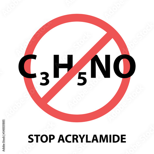 Acrylamide stop on prohibition sign isolated on white background for healthy food, organic product. Vector 10 eps