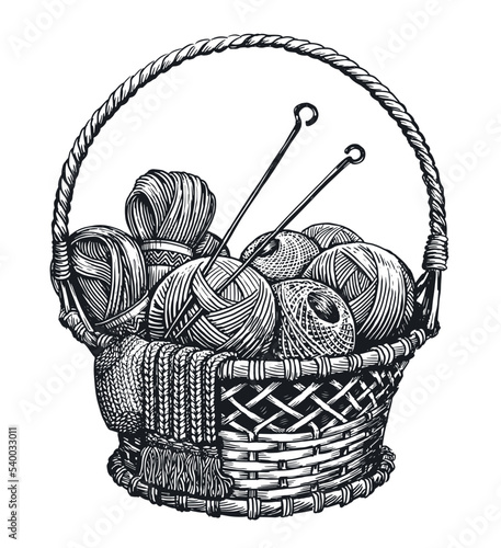 Balls of yarn in basket. Clews, skeins of thread, knitting needles. Tools female hobby handicraft sketch vintage vector