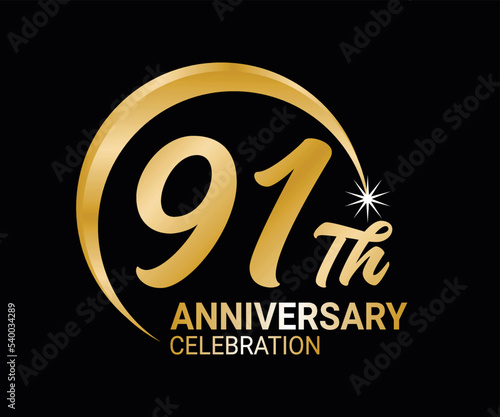 91th Anniversary ordinal number Counting vector art illustration in stunning font on gold color on black background photo