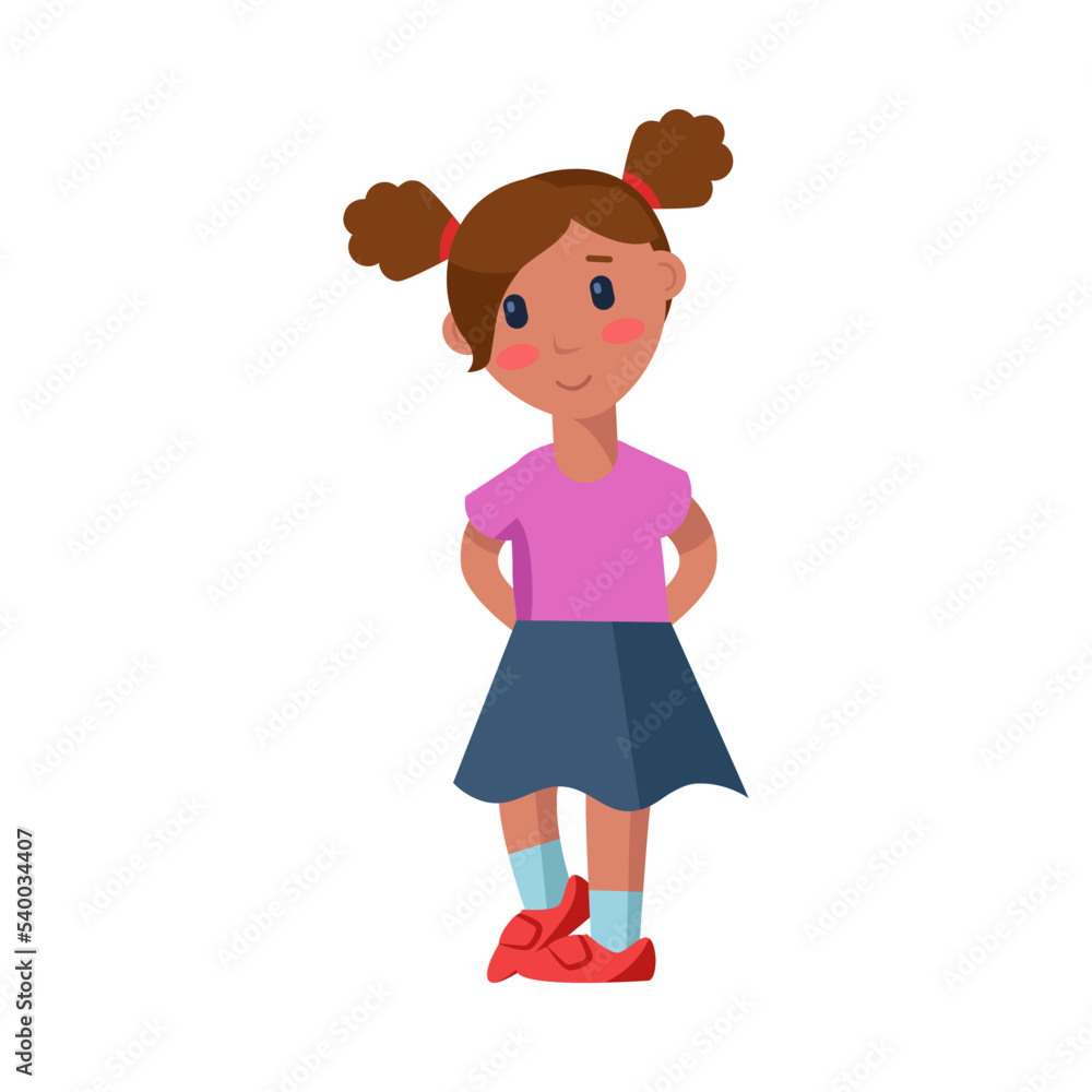 Shy little girl hiding hands cartoon vector illustration. Blushing kid character standing with hands behind Shy little girl hiding hands cartoon vector illustration. Blushing kid character standing with hands behind