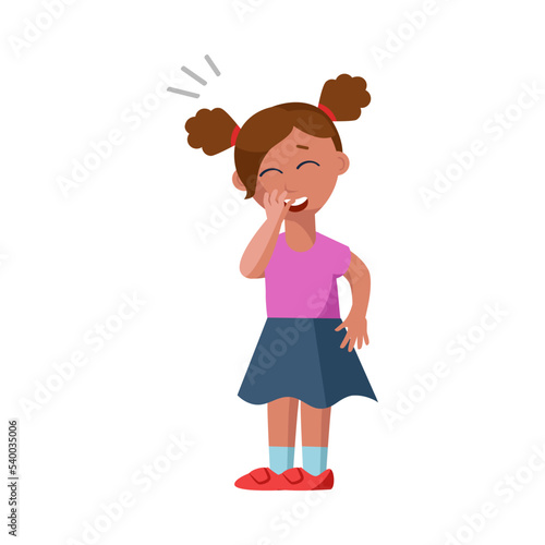 Cute little girl laughing cartoon vector illustration. Happy kid character standing covering mouth while laughing. Good mood concept