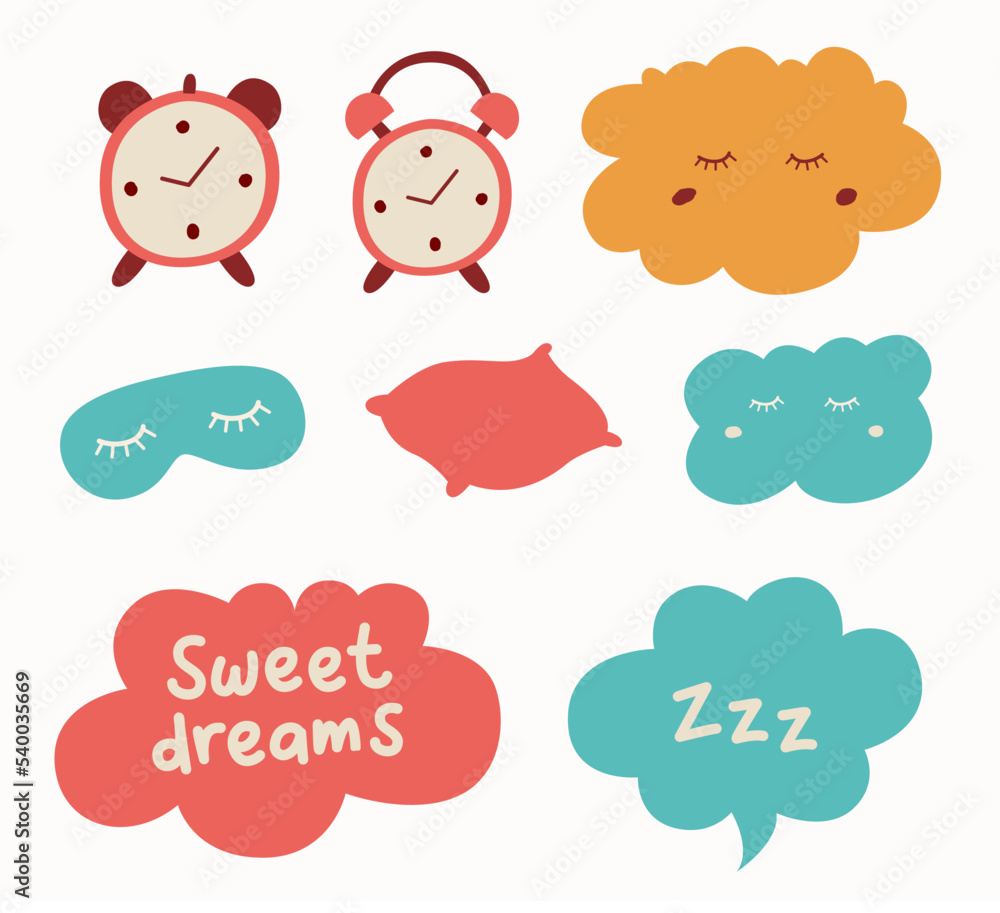 Set of clouds, alarm, pillow and sleep mask. Me time illustration vector.