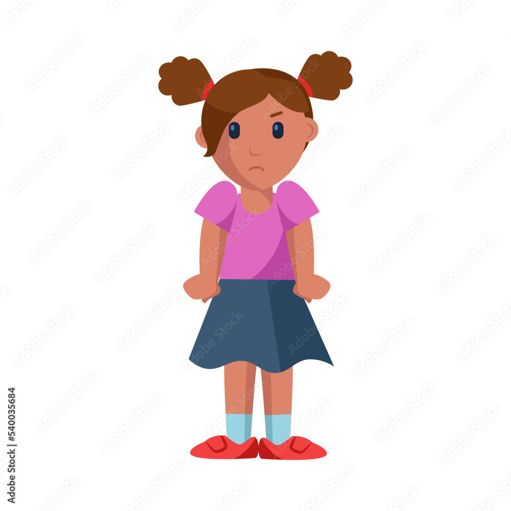 Angry little girl with tense arms cartoon vector illustration. Dissatisfied kid character standing on white background ready to argue. Argument concept Angry little girl with tense arms cartoon vector illustration. Dissatisfied kid character standing on white background ready to argue. Argument concept