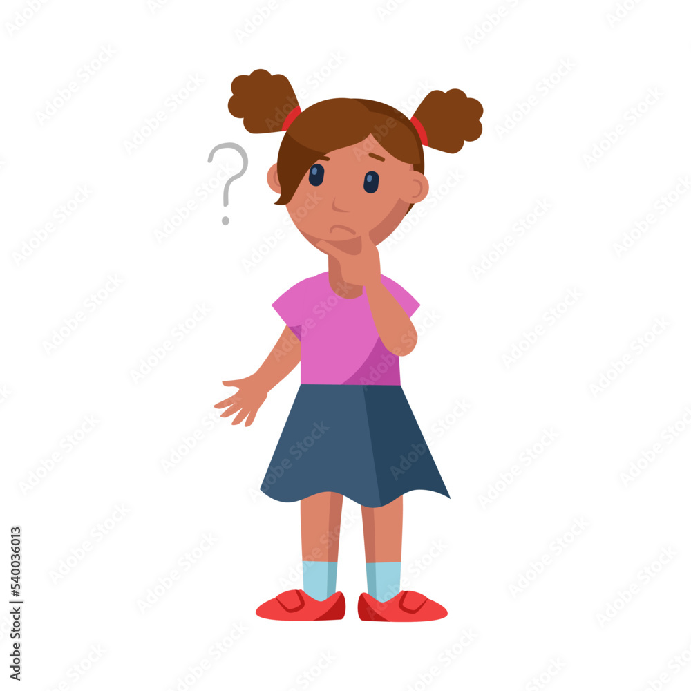 Cute little girl thinking cartoon vector illustration. Thoughtful kid character standing with hand on chin and interrogation mark. Question concept Cute little girl thinking cartoon vector illustration. Thoughtful kid character standing with hand on chin and interrogation mark. Question concept